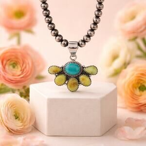 Sonoran Gold Turquoise | Kingman Half Cluster Southwest Sterling Silver Pendant